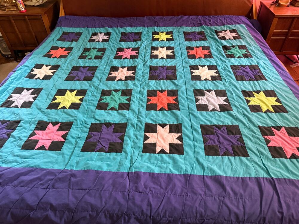 Vintage Handmade Patchwork Quilt King Size Hand Sewn Colorful Star Geometric